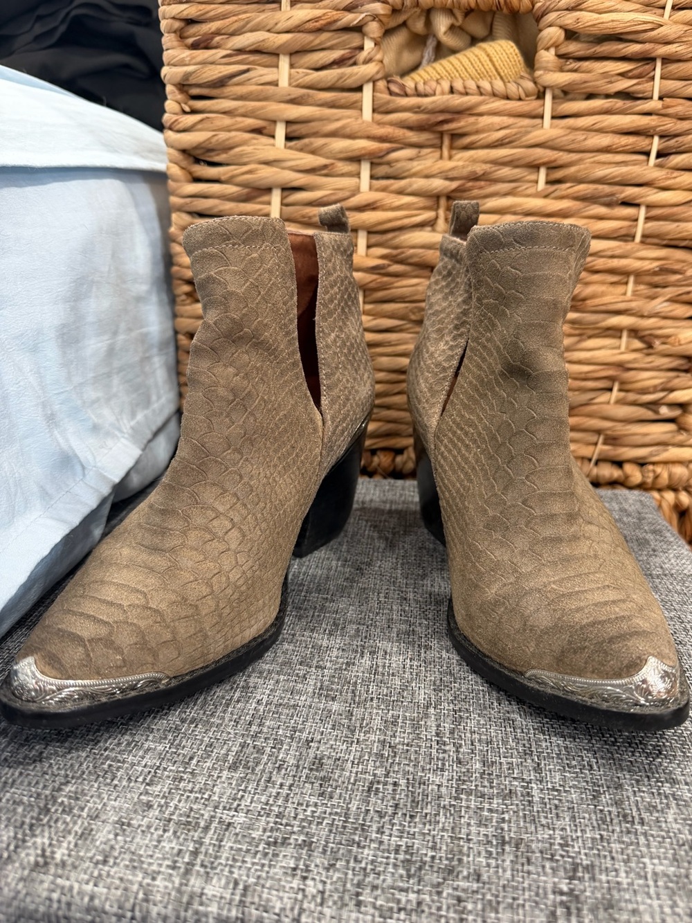 Jeffrey Campbell Taupe Snake-Embossed Suede Ankle Booties with Silver Toe Caps